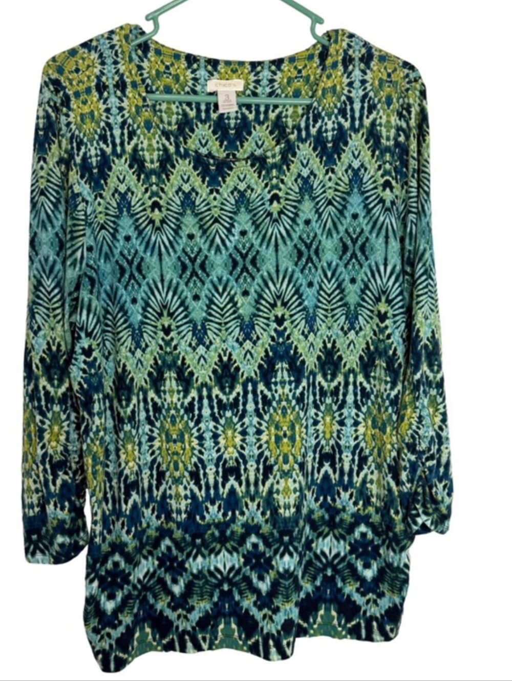 Chico's 3/4 Sleeve Boho Print Top - Blue, Black & Green